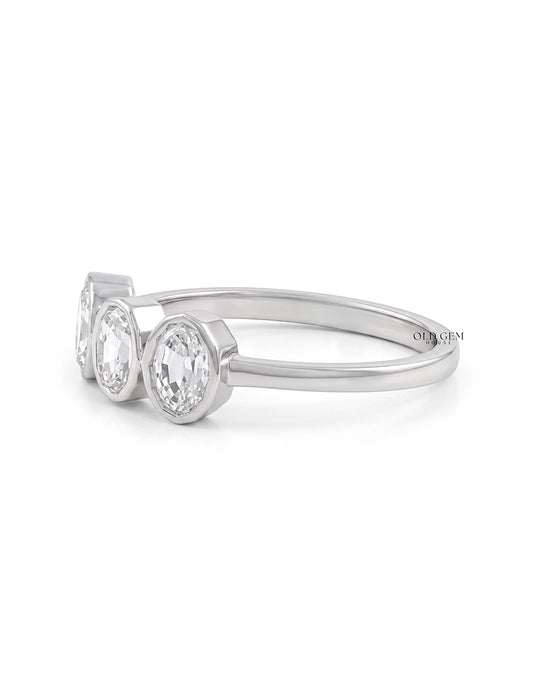 Edwardian Step Cut Oval Bezel Set Three Stone Ring Engagement Ring