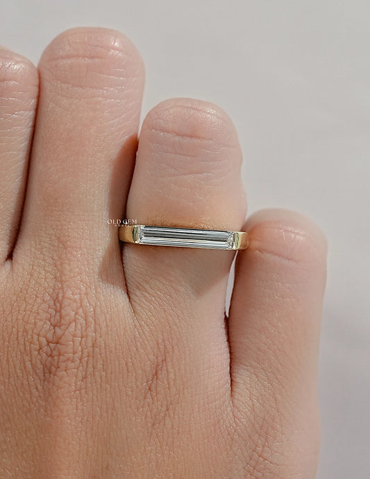 Mid Century East West Baguette Cut Lab Diamond Solitaire Ring Engagement Ring
