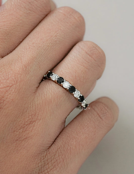 Art Deco Black Round Gemstone Half Eternity Band Wedding Band