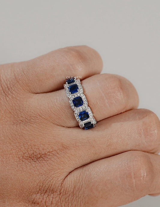Blue Sapphire Asscher Cut Halo Wedding Ring Wedding Band