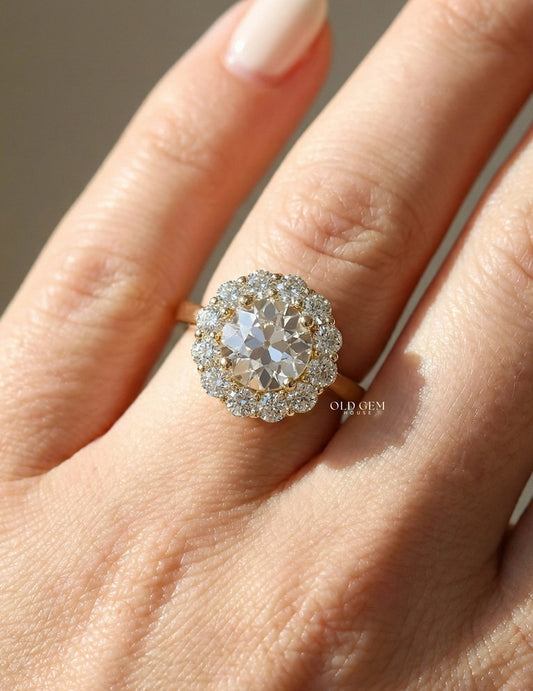 Edwardian Inspired Old European Cut Round Diamond Halo Ring Engagement Ring