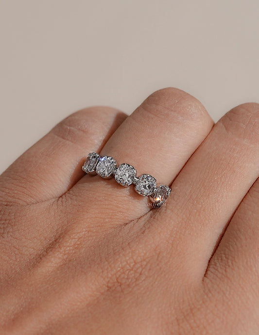 Mid Century Five Stone Old Mine Cushion Cut Diamond Ring Wedding Band