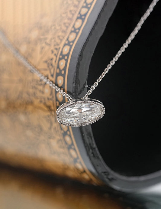 Old Mine Moval Lab Diamond Milgrain Set Pendant Necklaces