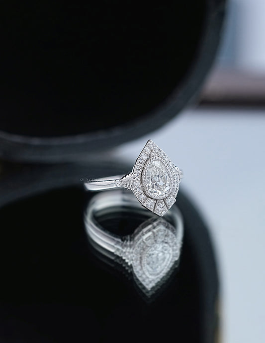 Old Mine Pear Halo Ring Engagement Ring