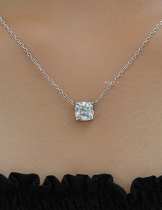 Square Old Mine Cushion Lab Solitaire Pendant Necklaces