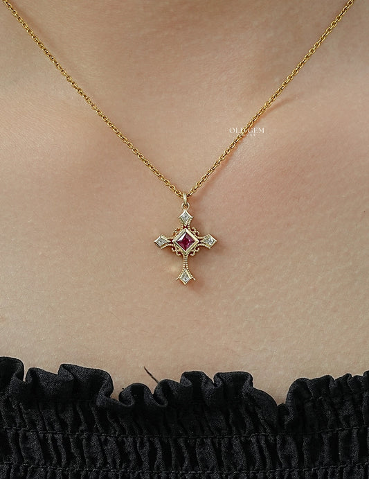 Red Gemstone Princess Cut Criss Cross Pendant Necklaces