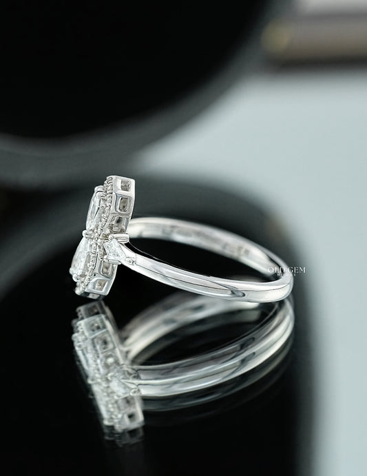 Step Cut Pear Lab Diamond Halo Ring Engagement Ring