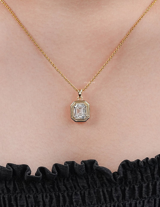 Old Mine Emerald Cut Milgrain Set Pendant Necklaces