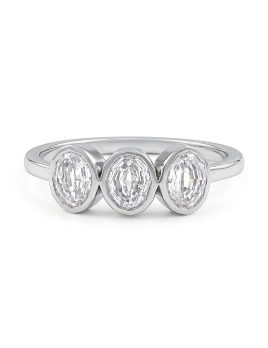 Edwardian Step Cut Oval Bezel Set Three Stone Ring Engagement Ring