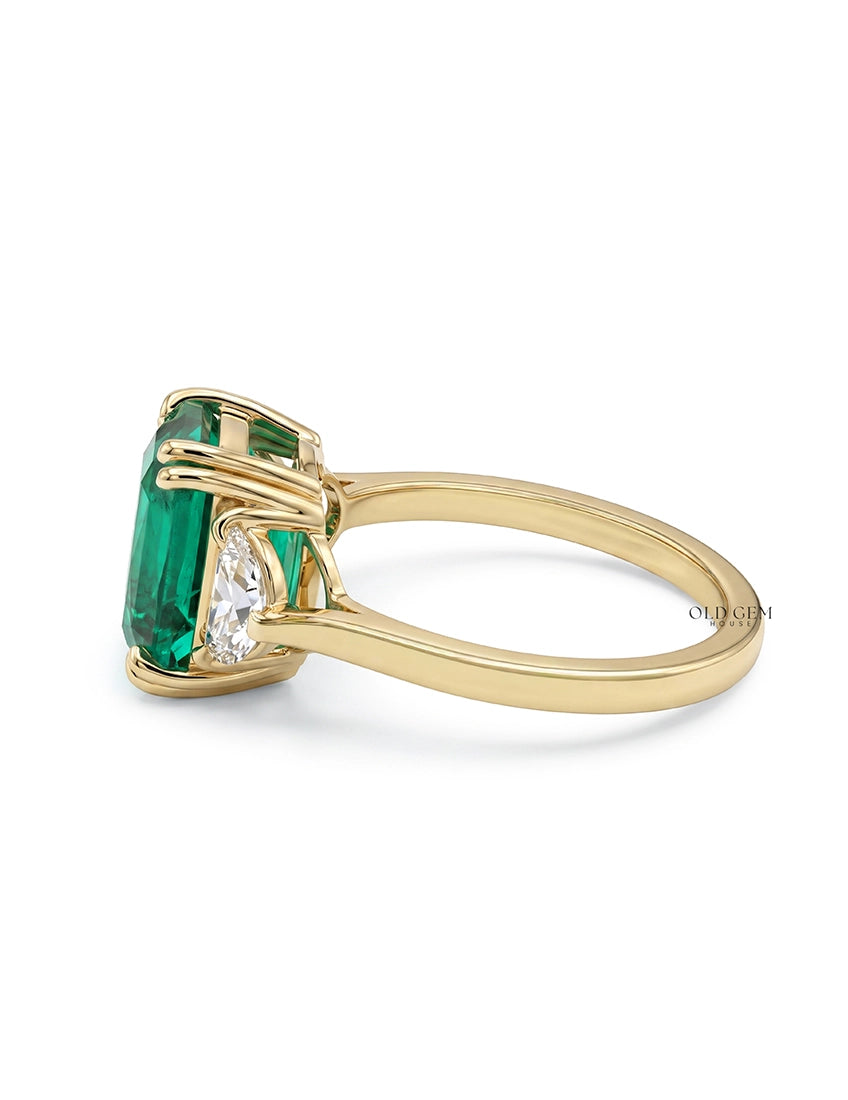 Art Deco Emerald Cushion Cut Diamond Three Stone Ring Engagement Ring
