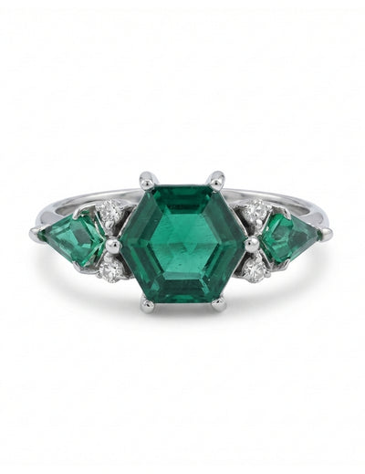 Art Deco Emerald Hexagon Cut Three Stone Ring