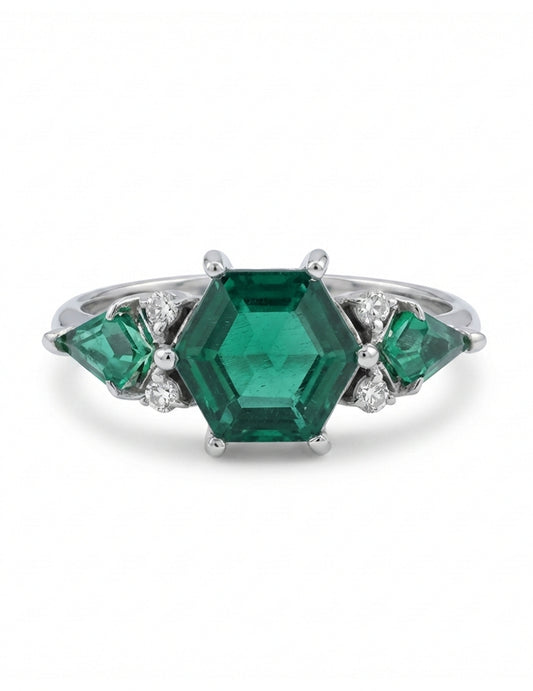 Art Deco Emerald Hexagon Cut Three Stone Ring Engagement Ring