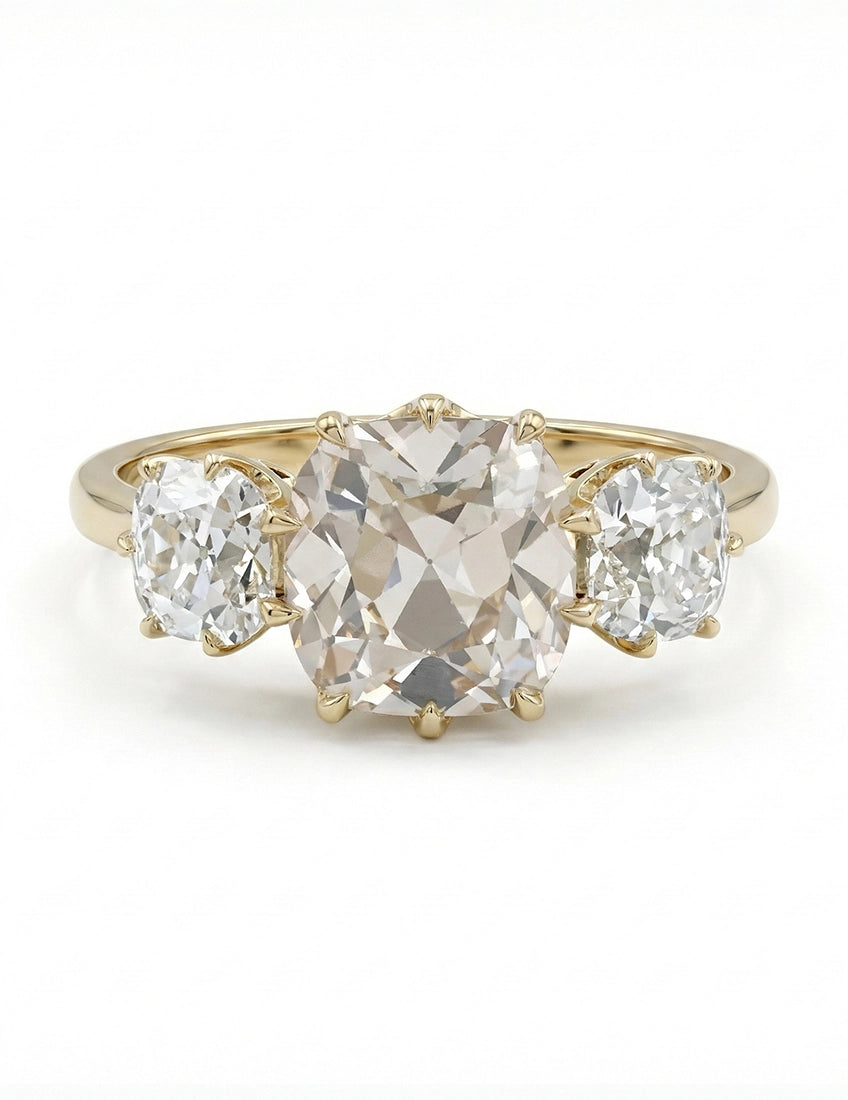 Old Mine Cushion Cut Three Stone Ring Georgian Era Engagement Ring