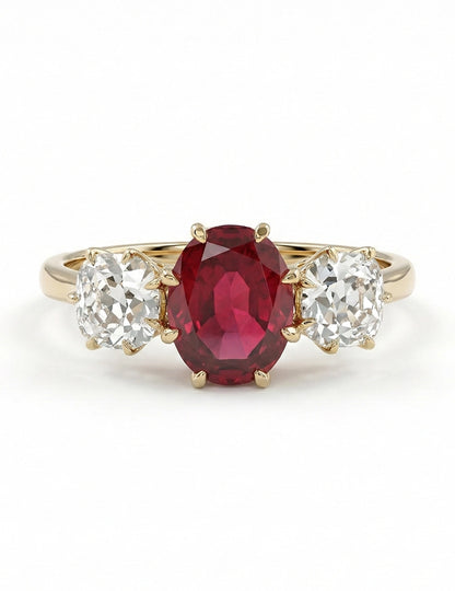 Edwardian Oval Ruby Three Stone Diamond Ring Engagement Ring