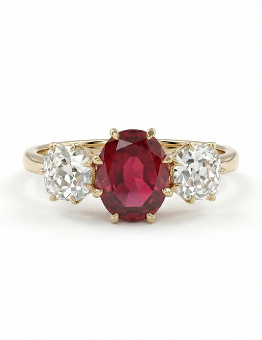 Edwardian Oval Ruby Three Stone Diamond Ring Engagement Ring