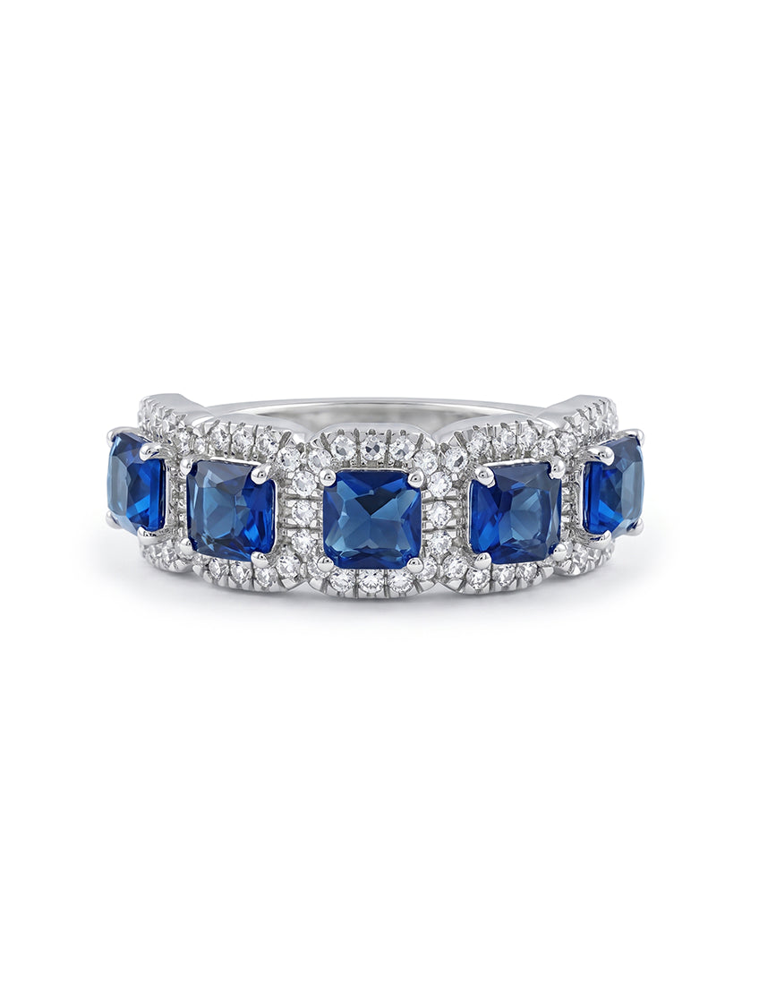 Art Deco Blue Asscher Gemstone Halo Five Stone Wedding Band Wedding Band