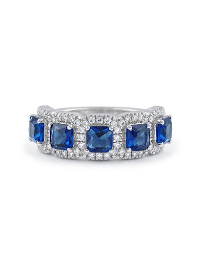 Art Deco Blue Asscher Gemstone Halo Five Stone Wedding Band Wedding Band