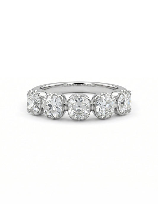 Mid Century Five Stone Old Mine Cushion Cut Diamond Ring Wedding Band