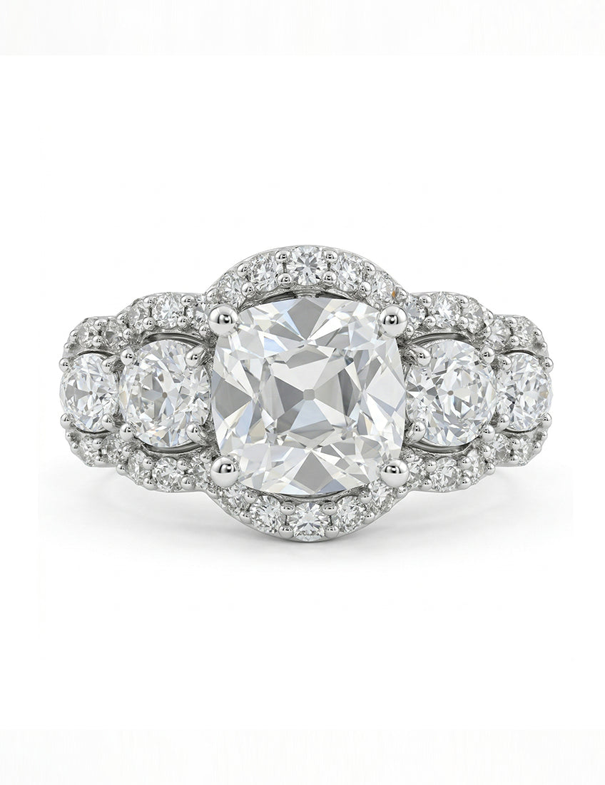 Mid Century Old Mine Cut Diamond Five Stone Halo Ring Wedding Band