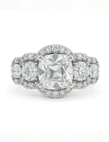 Mid Century Old Mine Cut Diamond Five Stone Halo Ring Wedding Band