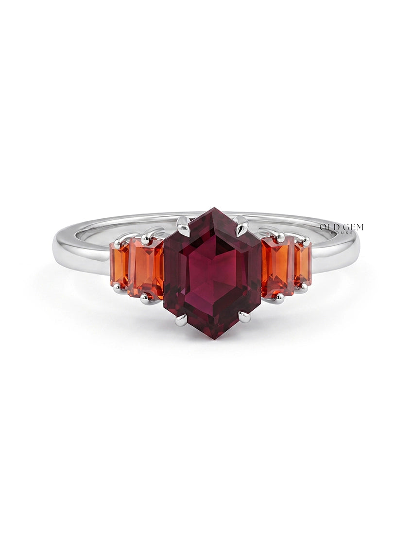 Art Deco Red Gemstone Hexagon Cut Five Stone Ring Wedding Band