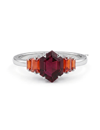 Art Deco Red Gemstone Hexagon Cut Five Stone Ring Wedding Band