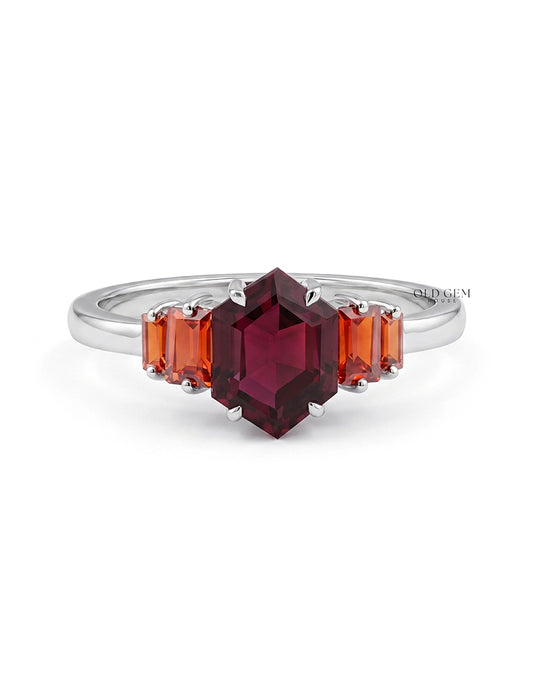 Art Deco Red Gemstone Hexagon Cut Five Stone Ring Wedding Band