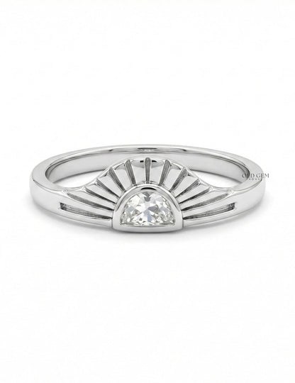 Art Deco Style Half Moon Cut Sunrise Ring Engagement Ring