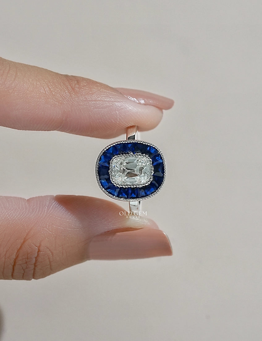 Old Mine Cushion Cut Blue Sapphire Halo Engagement Ring Engagement Ring