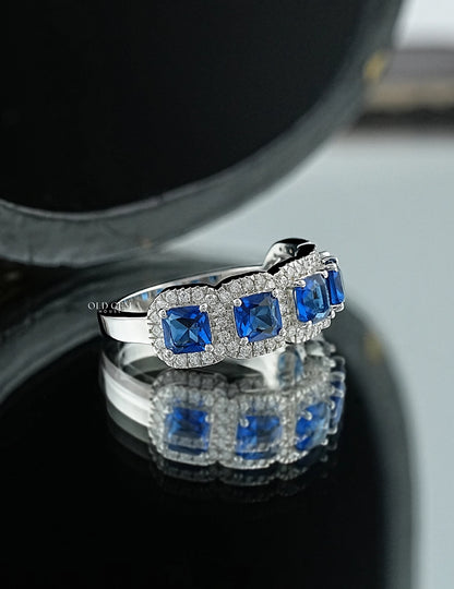 Art Deco Blue Asscher Gemstone Halo Five Stone Wedding Band Wedding Band