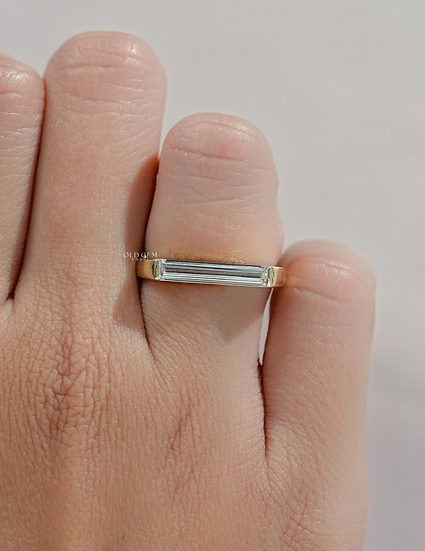 Mid Century East West Baguette Cut Lab Diamond Solitaire Ring Engagement Ring