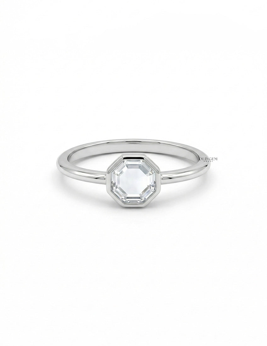 Mid Century Bezel Set Portrait Octagon Solitaire Ring Engagement Ring