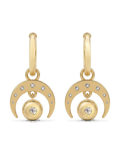 Victorian Style OEC Round Cut Crescent Moon Hoop Earring Earrings