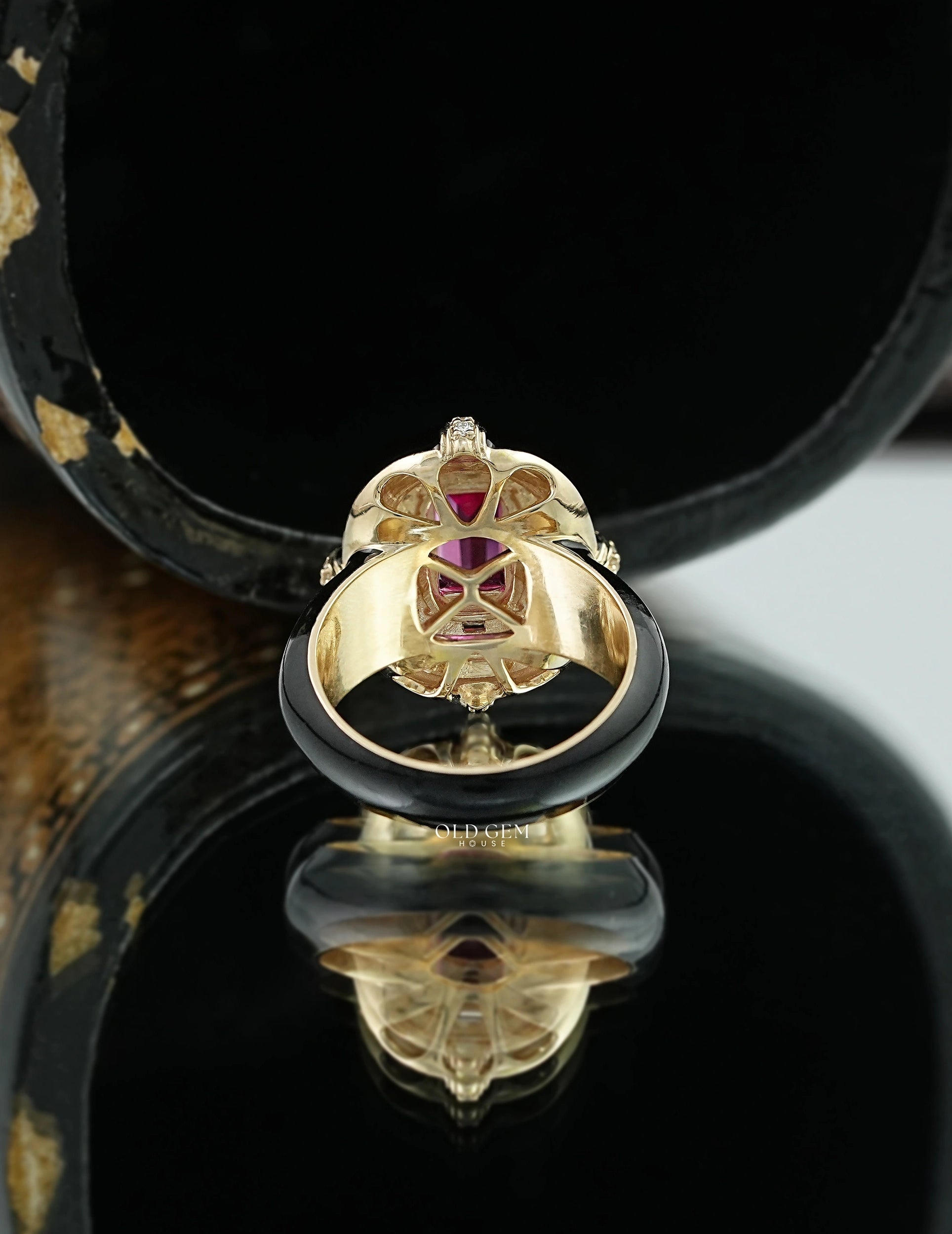 Victorian Pink Sapphire Baguette With Black Enamel Ring Engagement Ring