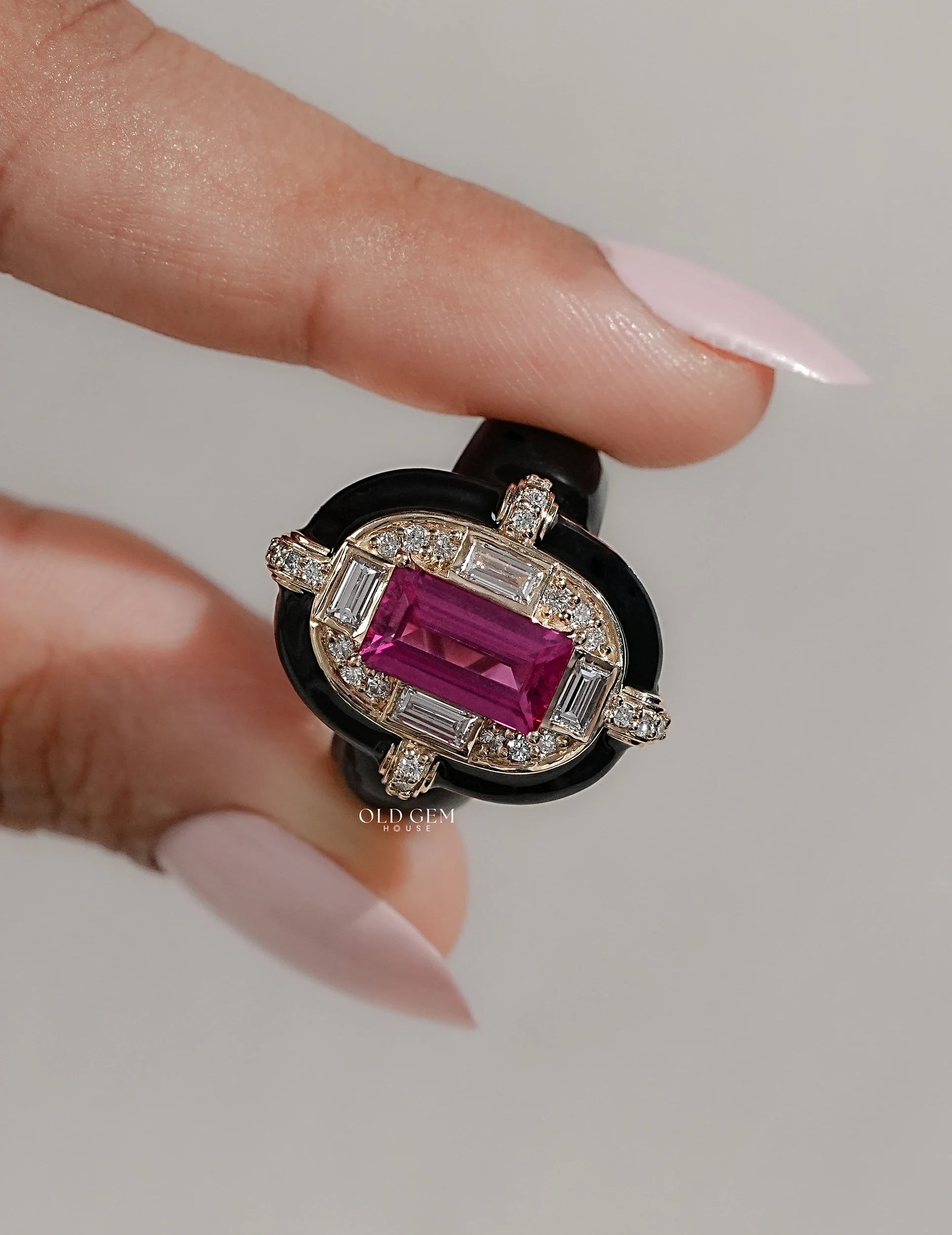 Victorian Pink Sapphire Baguette With Black Enamel Ring Engagement Ring