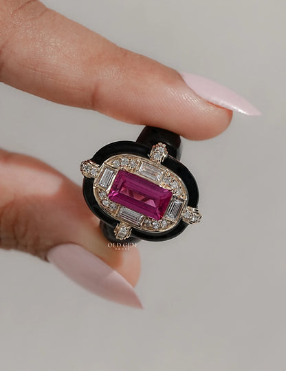 Victorian Pink Sapphire Baguette With Black Enamel Ring Engagement Ring
