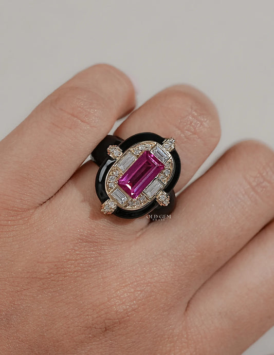 Victorian Pink Sapphire Baguette With Black Enamel Ring Engagement Ring