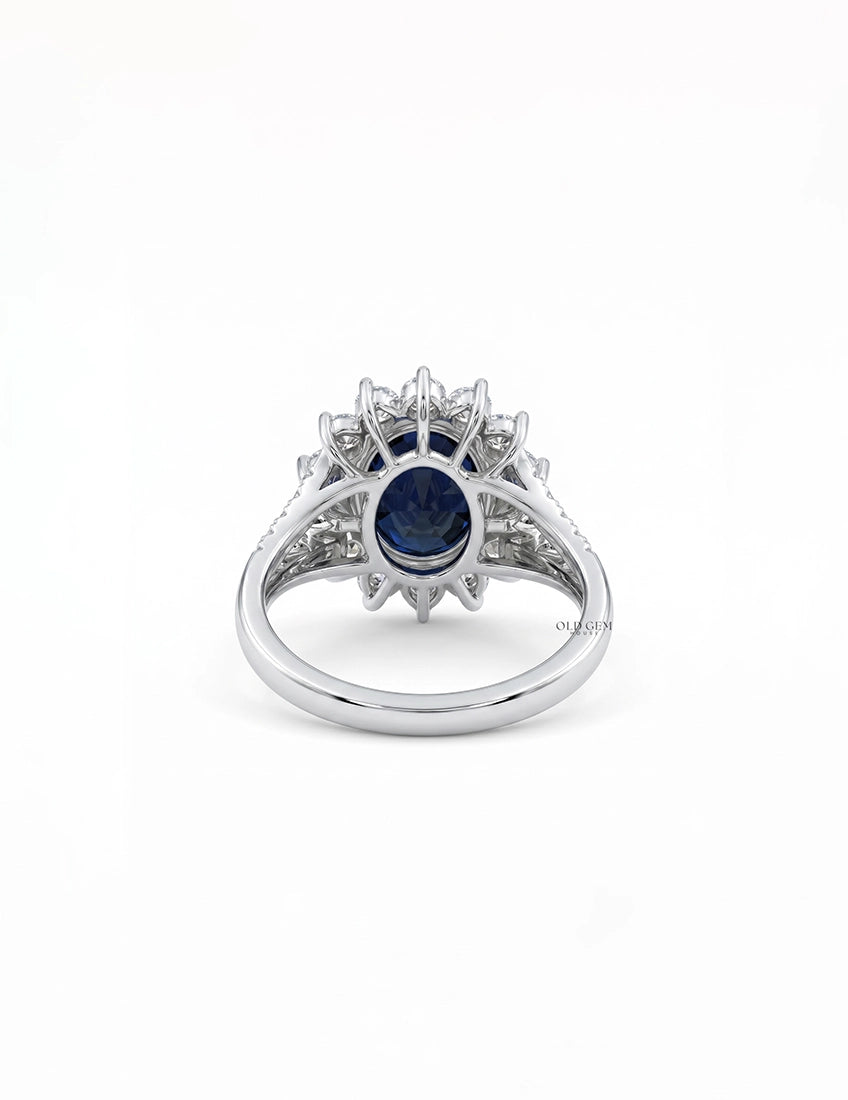 Retro Blue Sapphire Oval Cut Halo Accent Ring Engagement Ring