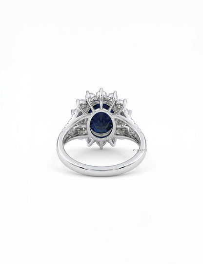 Retro Blue Sapphire Oval Cut Halo Accent Ring Engagement Ring