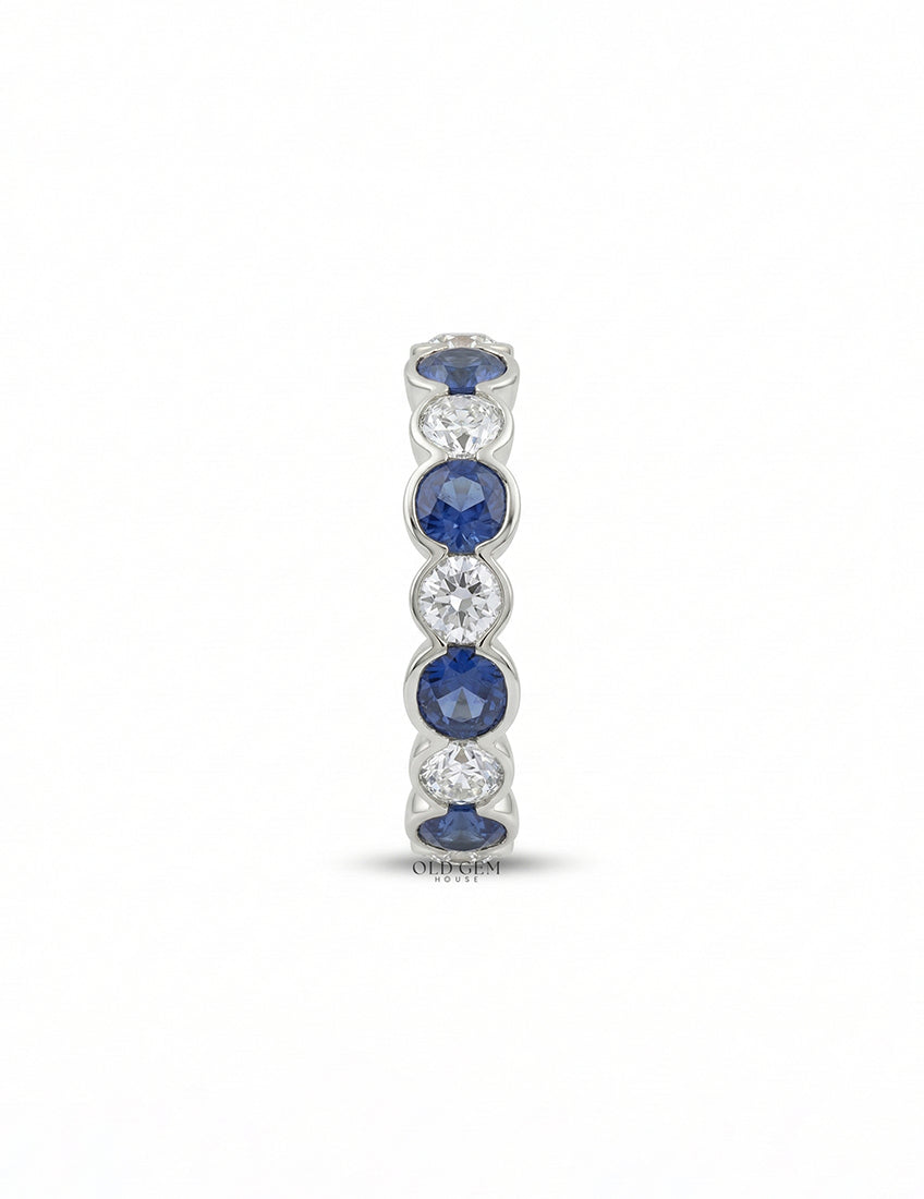 Cushion Cut Sapphire And Round Diamond Eternity Band Wedding Band