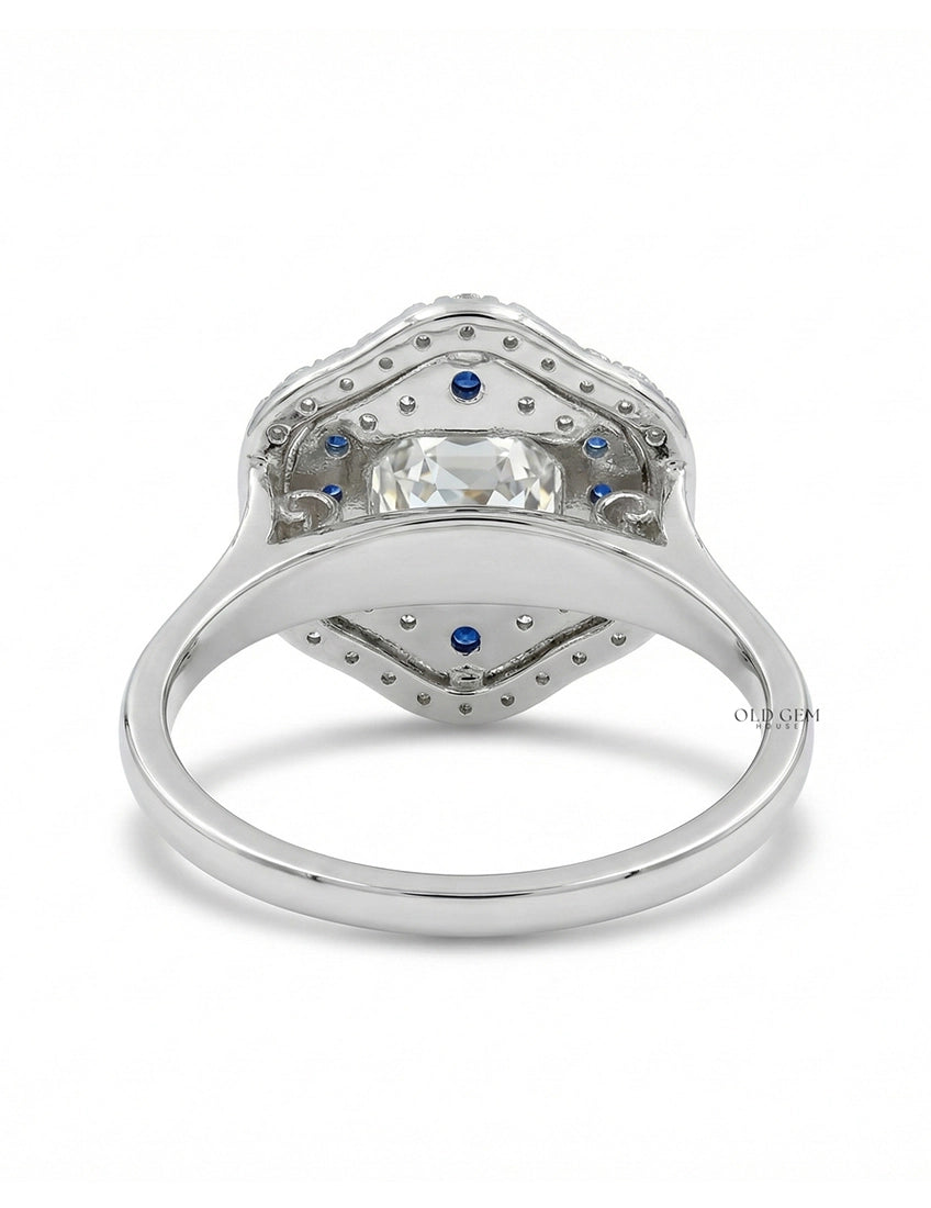 Vintage Art Deco Sapphire Old Mine Asscher Double Halo Ring Engagement Ring