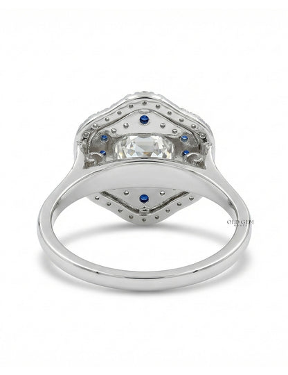 Vintage Art Deco Sapphire Old Mine Asscher Double Halo Ring Engagement Ring