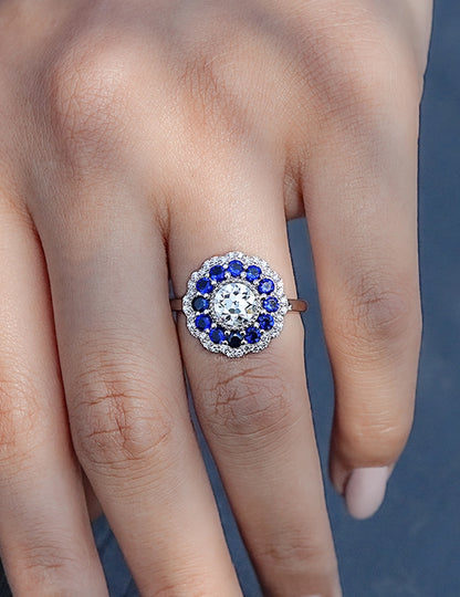 Art Deco Old European Round Cut Sapphire Halo Ring Engagement Ring