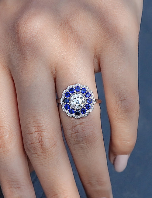 Art Deco Old European Round Cut Sapphire Halo Ring
