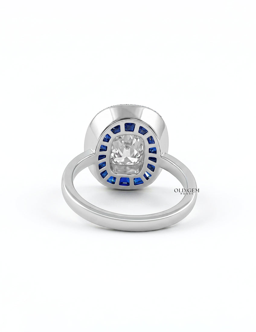 Art Deco Old Mine Cushion Cut Blue Sapphire Halo Ring Engagement Ring