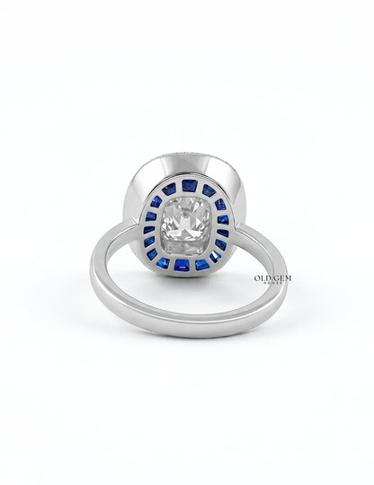 Art Deco Old Mine Cushion Cut Blue Sapphire Halo Ring Engagement Ring