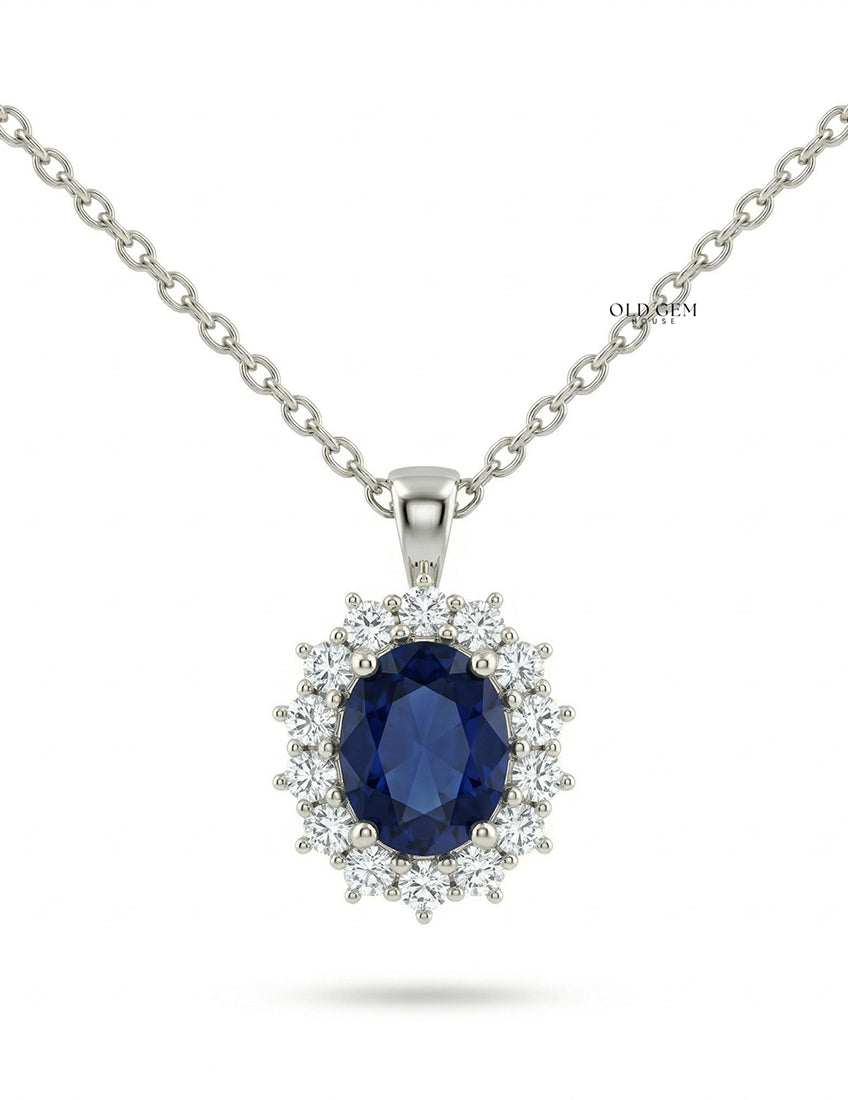 Blue Sapphire Oval Cut Halo Diamond Pendant Necklaces
