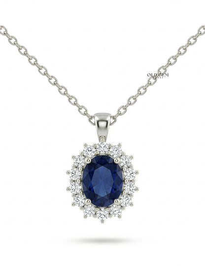Blue Sapphire Oval Cut Halo Diamond Pendant Necklaces