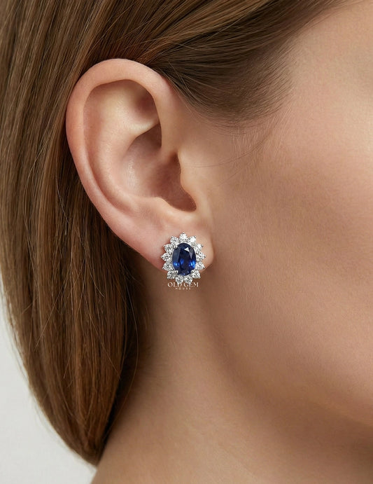 Blue Sapphire Oval Cut Halo Stud Earring Earrings