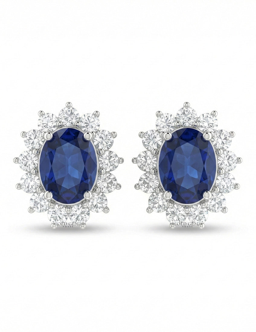 Blue Sapphire Oval Cut Halo Stud Earring Earrings
